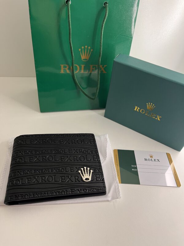 Portefeuille Rolex Noir – Cuir embossé avec logo répété & Couronne argentée